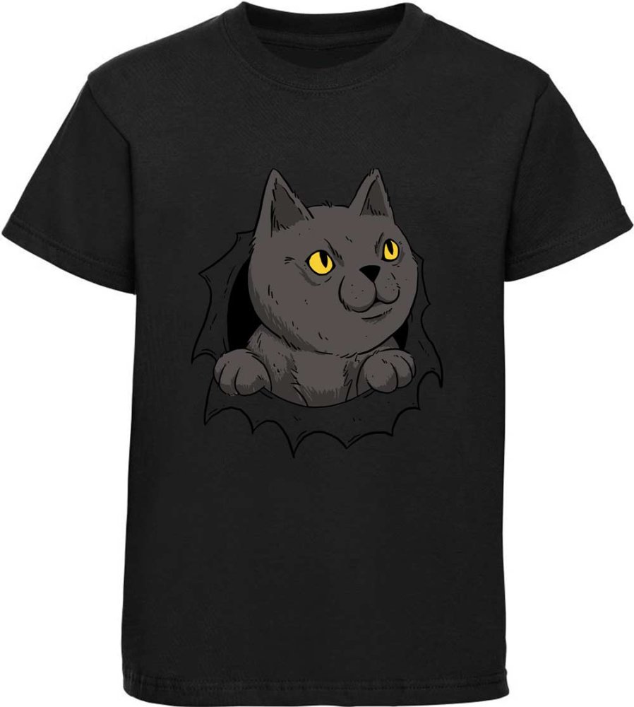 Children's printed t-shirt cat comes out of hole i105